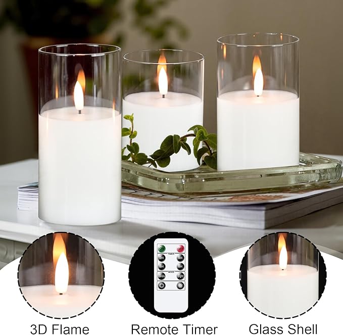GenSwin Flameless Candles with Remote Timer, Clear LED Battery Operated Candles with Flickering Flame, Glass and Real Wax Pillar Candle Holiday Home Decor(Set of 3, D3”x4”5”6”)