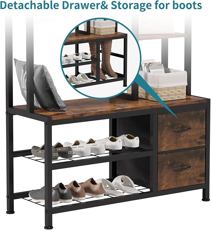 LUMTOK Hall Tree with Bench Storage and Shoes Storage, Hall Tree with Drawers and Shelves for Bedroom, 6-in-1 Entryway Organizer with Shelves, Living Room, Entryway, Closets (Rustic Brown)