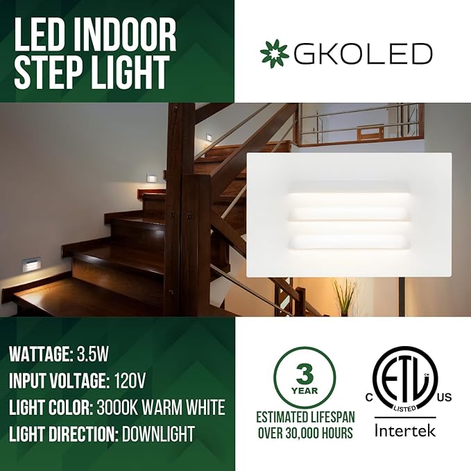 GKOLED 120V 110LM Dimmable LED Step Lights Indoor Outdoor, 3.5W Anti Glare Stair Lighting with Horizontal Louvered Faceplate, Waterproof, 3000K Warm White, Aluminum White Finish, ETL Listed, 6 Pack
