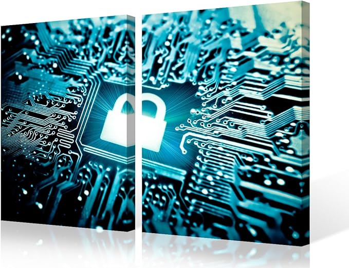 Security Lock Symbol Wall Pictures for Living Room Modern Home Decor AI Intelligence Canvas Poster Pictures Pictures House Decorations Artwork Paitings 3 Pieces Framed Ready to Hang, 24"Wx16"H