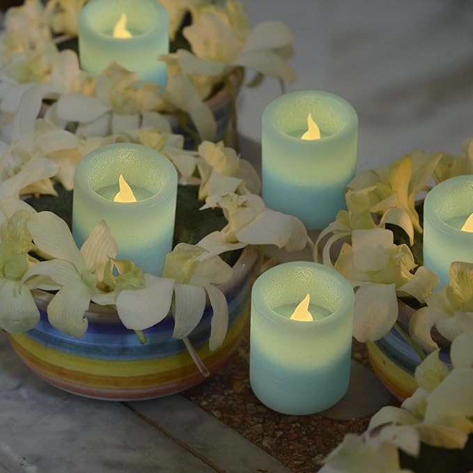 FURORA LIGHTING Blue Real Wax LED Votive Tealight Candles Pack of 6, Flameless Flickering Candles for Delicate Home Décor, 1.95’’(W) x 2.17’’(H), Batteries Included