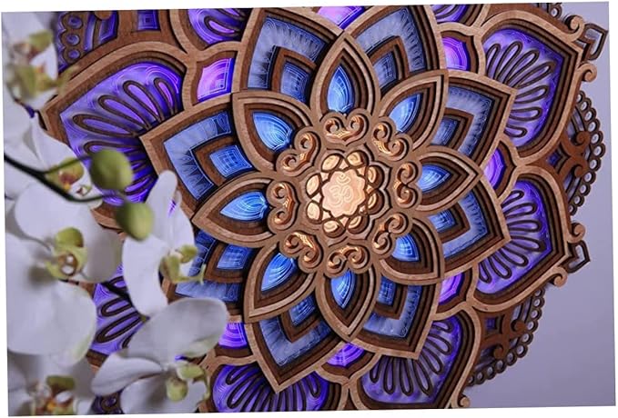 Ckuakiwu Mandala Yoga Room Night Light Led, Yoga Room Led Night Light, Creative Dream Wooden Hanging Wall Light Living Room Bedroom Wall Decoration, Diameter 11.8Inch