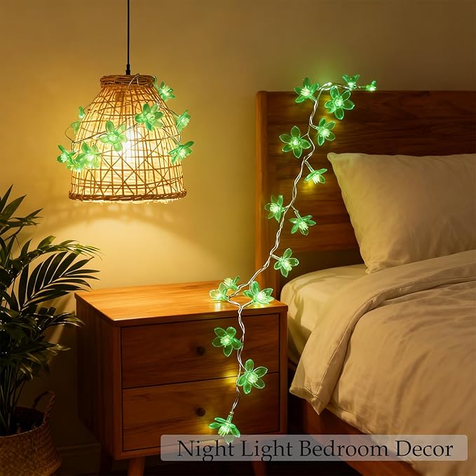 St. Patricks Day Flower String Lights, Decorative Green Cherry Blossom Floral Lamps Battery & USB Operated, 30 LED 10ft 8 Lighting Modes & Timer for Bedroom Classroom Christmas Party Decorations