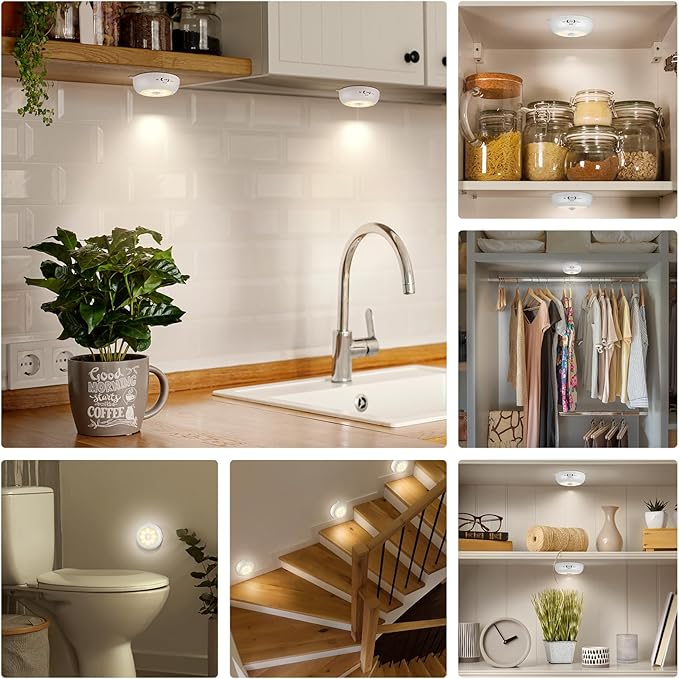 Motion Sensor Light Indoor AA Battery Operated, Under Cabinet Lighting, Magnetic Stick on LED Puck Lights for Stair, Wall, Closet, Dimmable, 3000K Warm White (3 Pack)