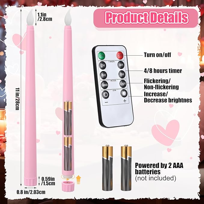 Baquler 120 Pcs Flameless Taper Candles with Remote and Timer 11" Battery Operated Candlesticks LED Flickering Faux Candles Warm Light for Wedding Holiday Party Home Decor (Pink)