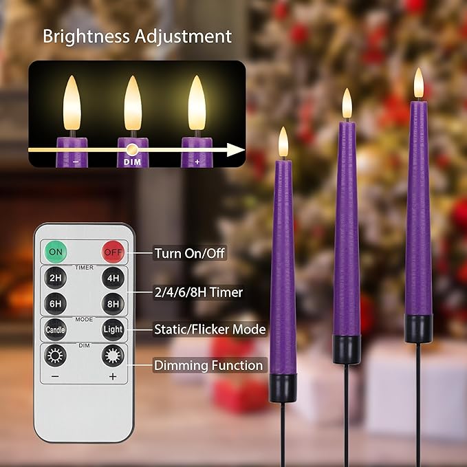 Purple Flameless Taper Candles with 3D Wick, 9.6" Real Wax LED Candles with Remote, 3 Pack Flickering Candlesticks Battery Operated, Classic Tall Taper Candle for Home, Wedding, Party