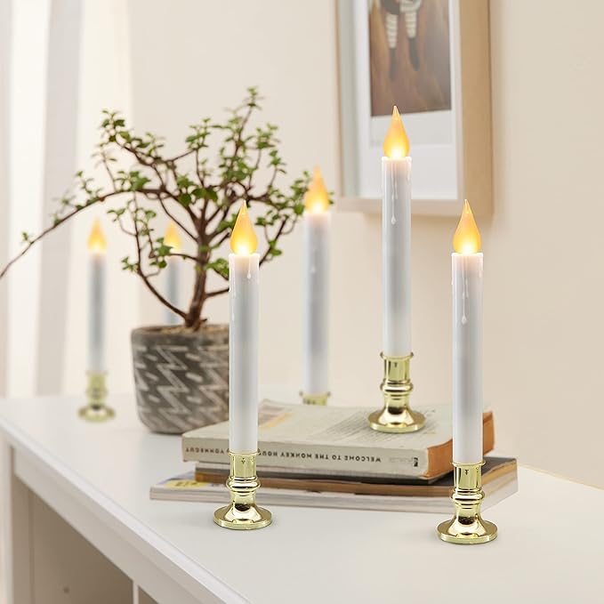 FURORA LIGHTING LED White Taper Candles with Gold Holders Pack of 6 with 5/19 Timer, Elegant Flameless Glow for Home Décor, Batteries Included