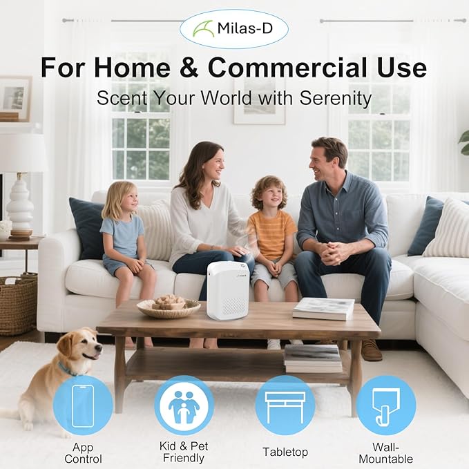 Waterless Essential Oil Diffuser for Home and Commerical, Aromatherapy Diffuser for Large Rooms Up to 1500 sqft, Bluetooth Smart Scent Air Machine with 13.5 fl.oz./400 mL Capacity, Cold Air, Milas-D