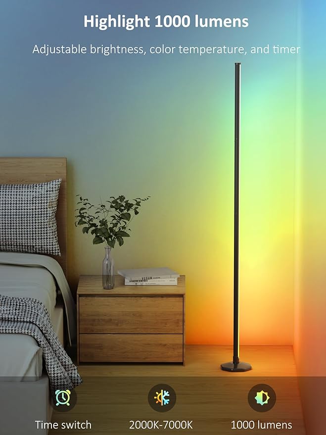 RGB Corner Floor Lamp：Uocub 16 Million DIY Colors & 68+ Scene LED Smart Modern Floor Lamp with Timing, Music Sync, App and Remote Control Standing Lamp for Living Room