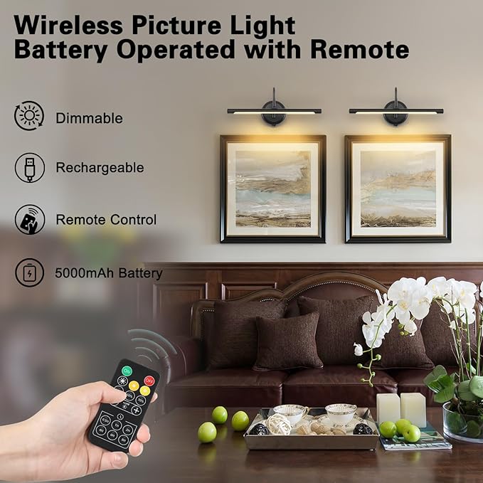 JOOSENLUX Modern Wall Lights Battery Operated Black Wireless Picture Lights for Wall 16.5" Inch Dimmable Under Counter Lights for Kitchen with Swing Arm as Canvas Wall Sconce Light 3000K CRI95+