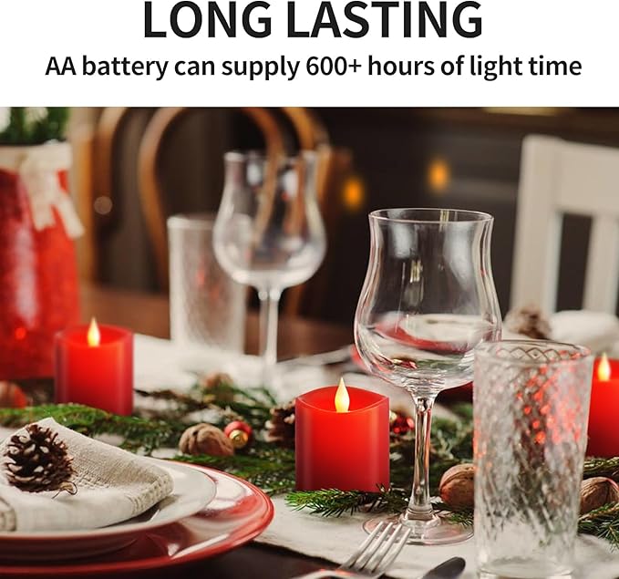 3x3 Flickering Flameless Candles Set of 3, 2AA Battery Life 600 Hours Battery Candles Flickering with Timer, 3 inch Flameless Candles with Remote for Indoor/Outdoor, Red