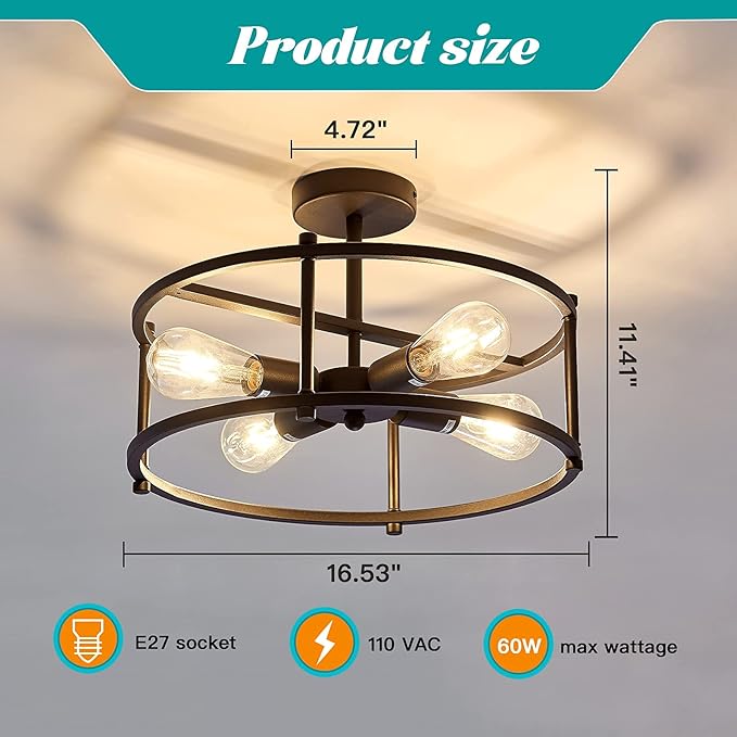 Industrial Semi Flush Mount Ceiling Light,4 Light Rustic Metal Ceiling Light Fixture,Black Farmhouse Chandelier for Kitchen Island Dining Room Hallway Entryway Bedroom Living Room.