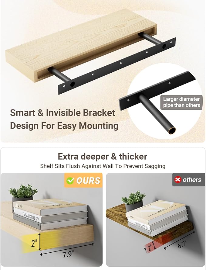 White Oak Floating Shelf Set of 3 for Wall, 2 Inch Thick Wood Floating Shelves Wall Mounted, 8 Inch Deep Shelf for Kitchen Living Room Bathroom Laundry Office, 50LBS Capacity (16 & 31.5 in)