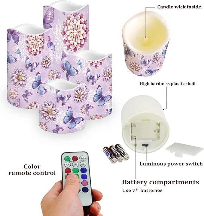 Purple Butterfly Floral Plastic Flameless Candles with Remote Control and Timer LED Flickering Battery Electric Pillar Candles for Table Home Decoration