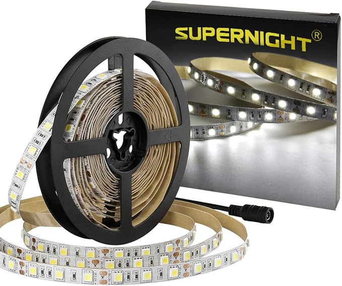 SUPERNIGHT LED Light Strip White, 6000K Daylight White Lights 16.4 Ft 300leds 60leds/m 5050 SMD Flexible Waterproof Tape for Boats, Bathroom, Mirror, Ceiling