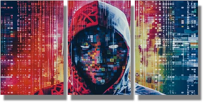 LSIUHWUWI 3 Panels AI Wall Art Hacker in Mask on Dark Background with Digital Effects Pictures Print On Canvas for Living Room Bedroom Wall Decoration, Stretched Framed Ready to Hang, 12x16inchx3