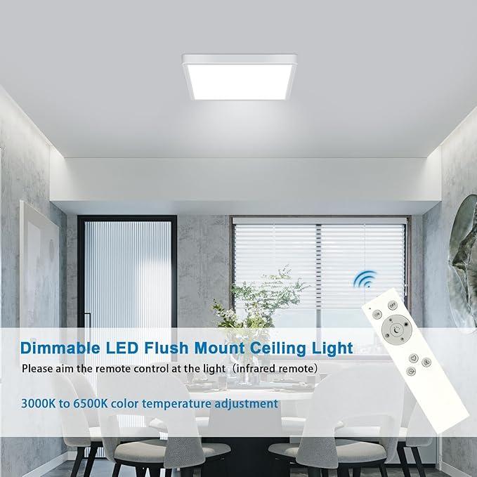 DELIPOP 12 inch Dimmable LED Flush Mount Ceiling Light Fixture with Remote Control, 24W 3000K-6500K Adjustable Color Temperature, Ultra-Thin Ceiling Lamp for Bedroom Kitchen Hallway Living Room