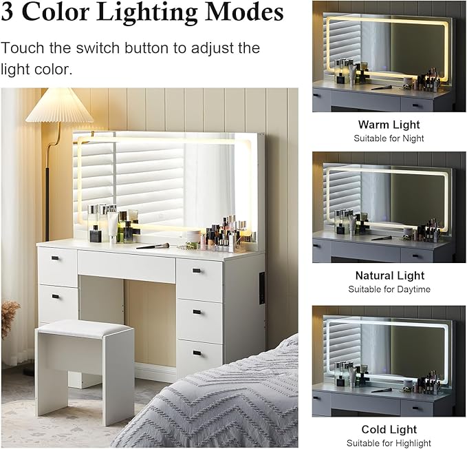 Makeup Vanity Desk with Large Lighted Mirror, Makeup Table with 7 Drawers, Touch Control 3 Color Modes & Adjustable Brightness LED Strip, Bedroom Dressing Table with Cushioned Stool (White)