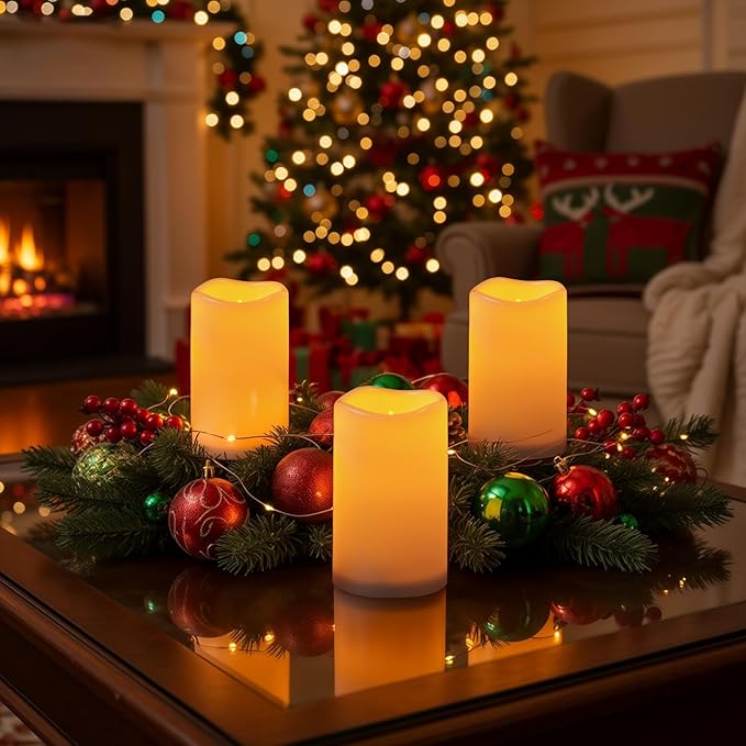 Raycare 3"x5" Outdoor Waterproof Flameless Candles-Auto Light Sensor Dusk to Dawn, 2Pcs Flickering LED Candle, Battery Operated Electric Fake Pillar Candle for Garden, Porch, Patio, Lantern Decor