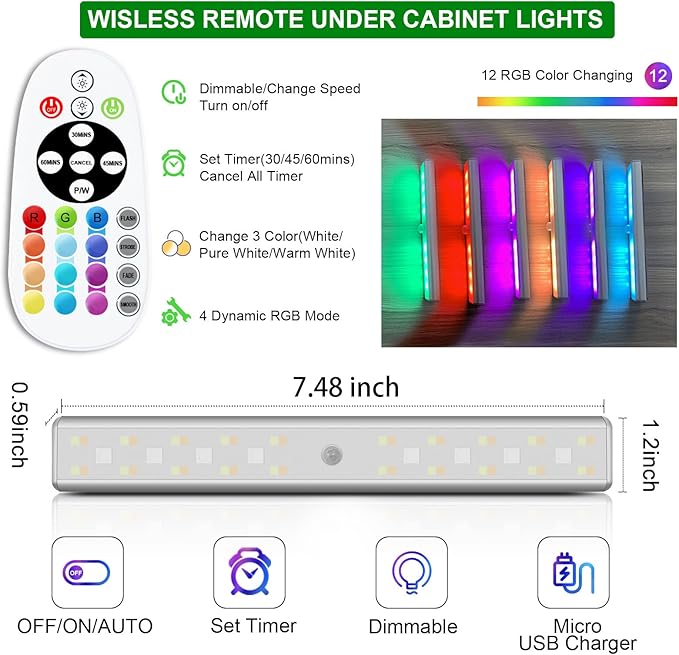 SZOKLED Under Cabinet Lighting 48LED Remote Lights Wireless Kitchen Counter Rechargeable Closet Light Bar, Perfect for Display Shelf Hallway Stairs, 15 Color Changing