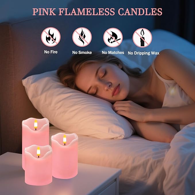 VEEKI Flameless Candles Light, Set of 3 Flickering LED Candle with Remote & Timer, Dimmable Electric Pillar Candles Battery Operated, Pink Candles for Valentine's Day Xmas Home Decor (3PC)