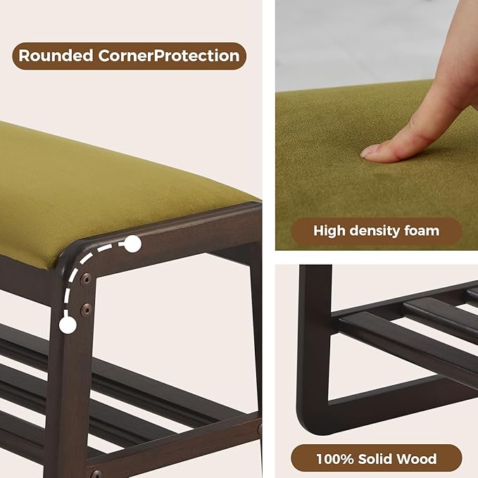 Shoe Rack Bench,2 Tier Solid Wooden Entryway Bench with Shoe Storage, Shoe Rack with Cushion for Living Room, Hallway(Olive Green, 31.5")