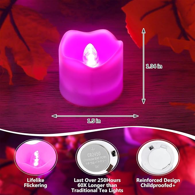 Topstone Remote Control Flameless LED Votive Candles with Timer, CR2450 Battery Powered, Electric Tea Lights for Seasonal and Festival Decoration, Pink Light, 12 pcs