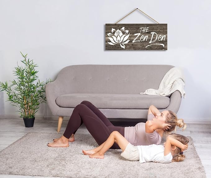 1 KINGO Farmhouse Zen Den Signs: Rustic Zen Den Yoga Studio Room Decoration Canvas Print Lotus Flower Wall Decor - Vintage Decorative Wooden Texture Wall Plaque for Home 6" x 15"