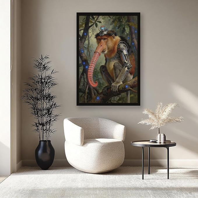 Framed Steampunk Mechanical Proboscis Monkey Wall Art - Jungle Neon Retro Poster for Apartment Leisure Area Decor 12x18in