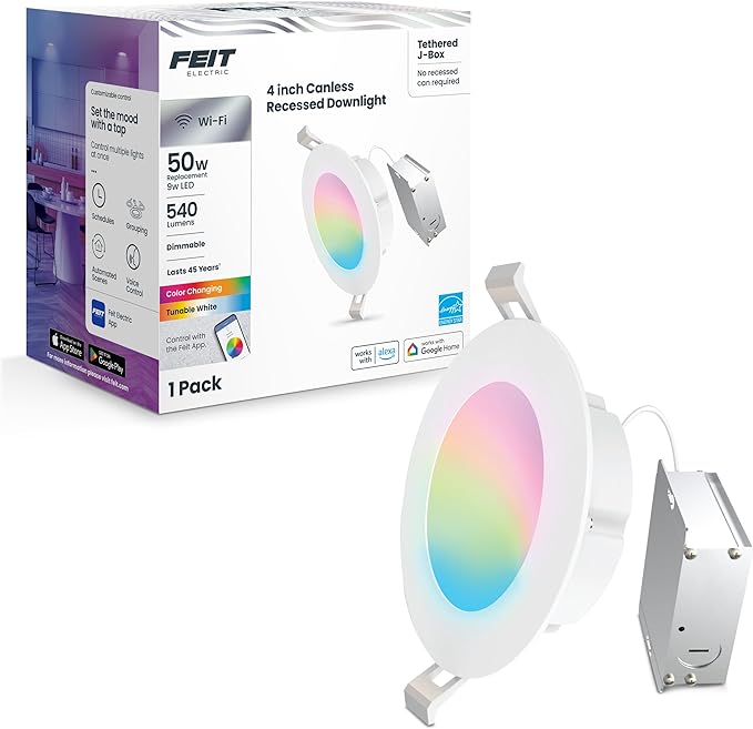 Feit Electric 4 Inch Smart Recessed Light Canless Jbox, Color Changing and Tunable White, 2.4GHz WiFi Retrofit LED Downlight, Dimmable, LEDR4XT/RGBW/CA/AG