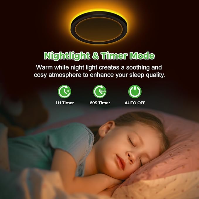 zemty 7 Inch LED Ceiling Light with Night Light 1800K, 2 Pack 3000K/4000K/6500K Dimmable Light Fixtures with Remote Control,12W 1200lm Flush Mount Ceiling Lamp for Bedroom Bathroom Kitchen-Black