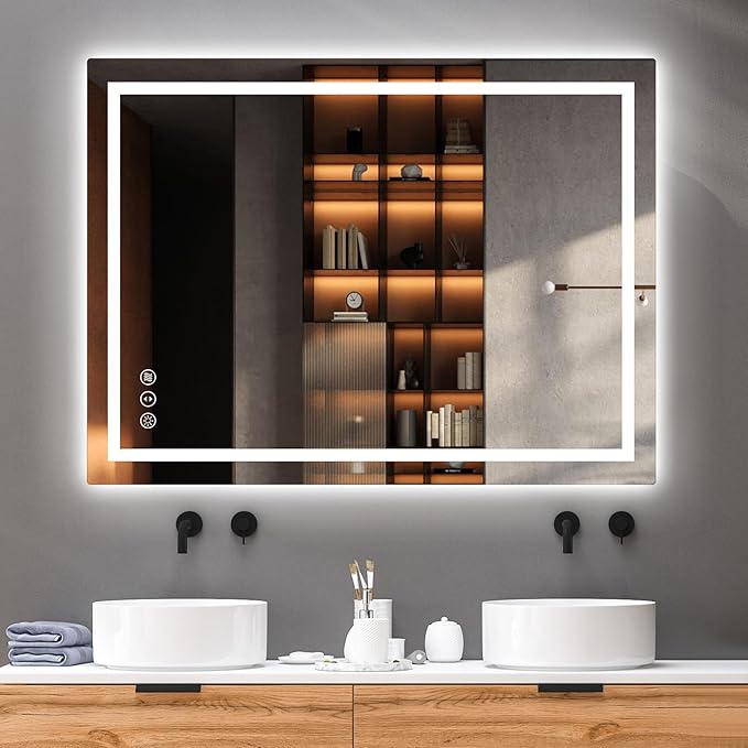 40x32 LED Bathroom Mirror with Lights, Anti Fog Vanity Mirror Wall Mounted, Dimmable Front Light and Backlight, Memory Function Tempered Glass, Shatter Proof ETL Listed