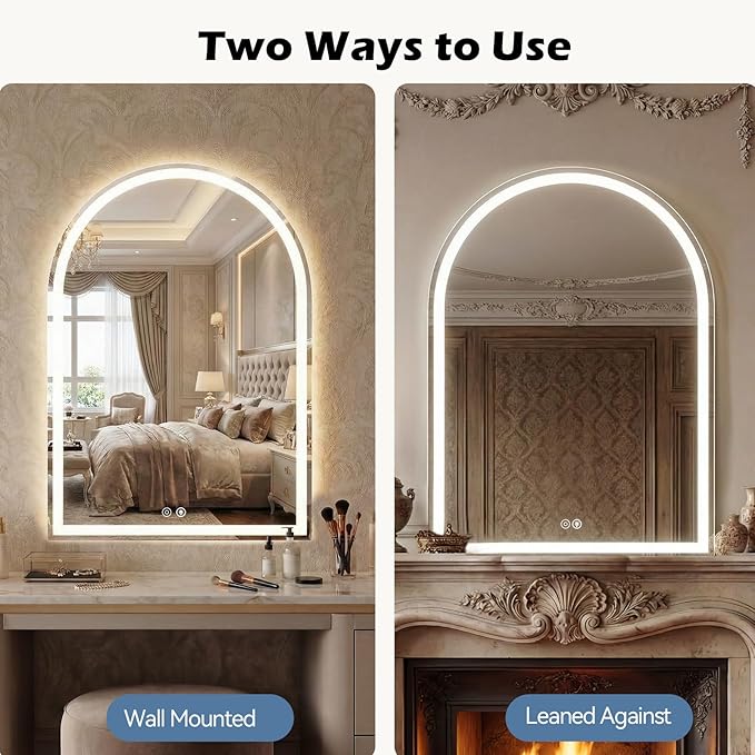 Sweetcrispy 20"×28" LED Bathroom Mirror with Lights, Arched Vanity Mirror with Anti-Fog, Dimmable, 3-Color Light, Memory Function, Tempered Glass
