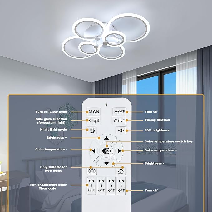 DELIPOP Modern Ceiling Light, 31.8'' Dimmable LED Ceiling Lights with Remote, White 6 Rings Flush Mount Ceiling Light for Kitchen, Bedroom, Living Room, Dining Room