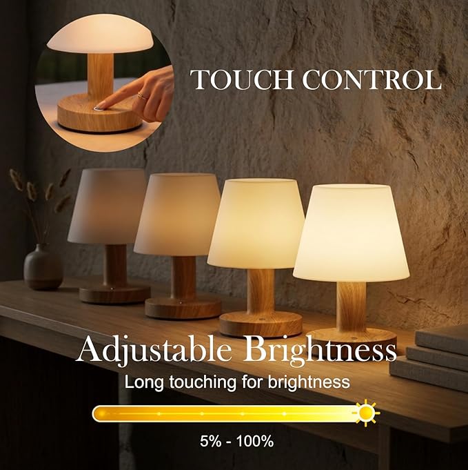 Cordless Table Lamp, Rechargeable Table Lamp, Waterproof Shower Lamp, 5200mAh Small Lamps, 3-Color Dimmable Touch Light, Portable Outdoor and indoor table lamp, Bedside night light (Natural Wood)