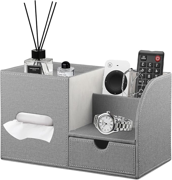 Fanousy Square Tissue Box Cover with Drawer Storage and Tray on Top, PU Leather Tissues Cube Boxes Holder, Modern Nightstand Organizer Caddy, Remote Control Holder for Bathroom, Bedside, Office, Home