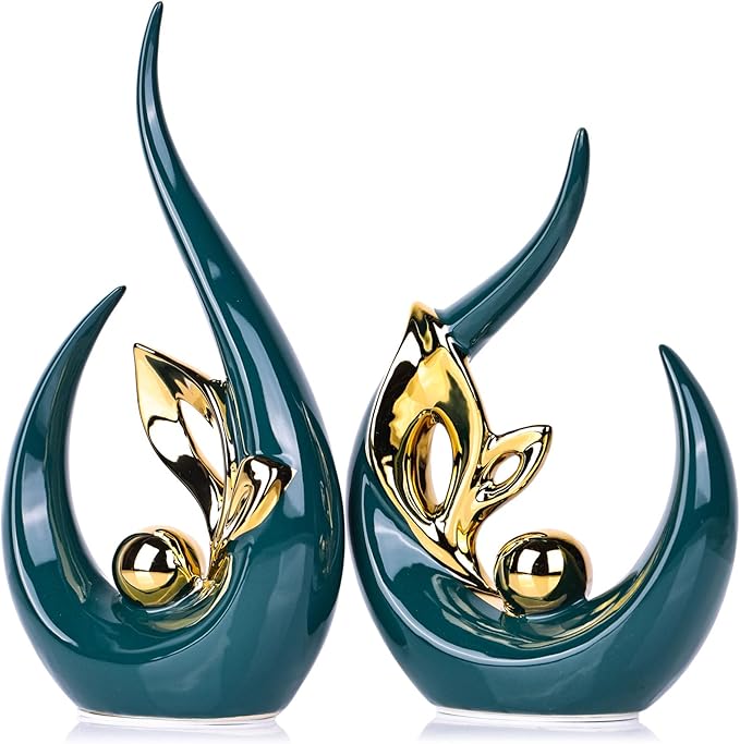 XMGZQ Teal Gold Ceramic Statues for Home Décor Accents,Abstract Art Mid Century Modern Decor,Elegante Centerpiece Table Decorations,Green Sculpture for Entryway,Bookshelf,Tv Stand,Mantel,Coffee Table
