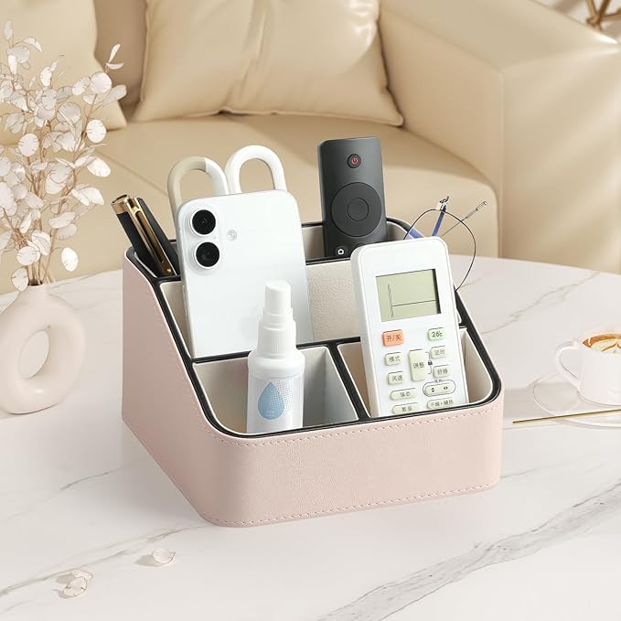 Remote Control Holder, PU Leather Small Desk Organizer with 4 Compartments, Nightstand Organizer Desk Caddy for Remote, Notepad, Phone, Glasses, and Accessories (Pink)