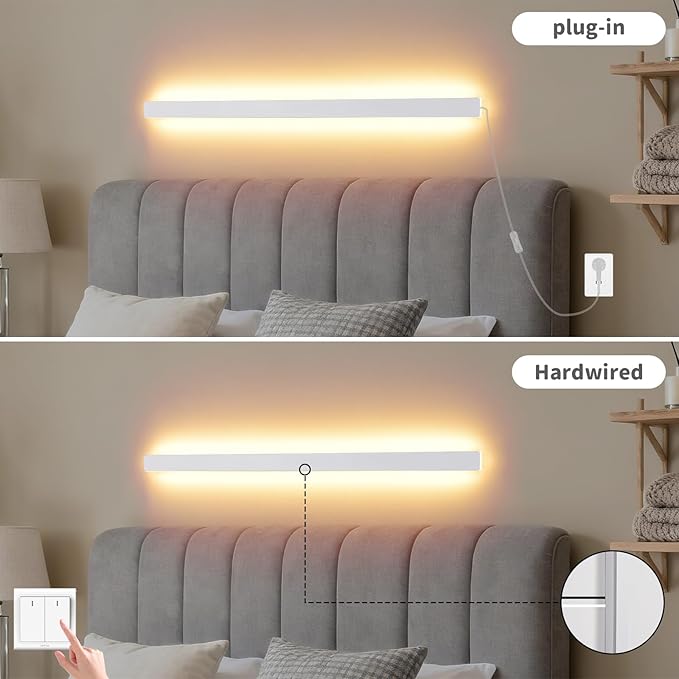 Modern Plug in Long Wall Sconce, 39.3" White Matte LED Wall Lights, 20W Warm White 3000K Acrylic Indoor Wall lamp, with 59" Plug Cable for Bedroom, Living Room, Hallway