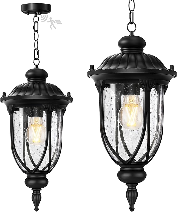 Lotsky Outdoor Hanging Lights with Motion Sensor, 15'' Dusk to Dawn Exterior Pendant Light for Porch, Anti-Rust Aluminum & Seed Glass Lantern, Outside Chandelier for Gazebo, Patio, Yard Black