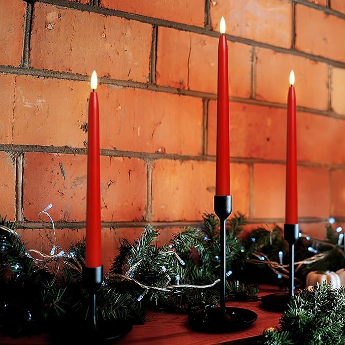 Red Flameless Taper Candles with Remote Control - 11 Inch LED Candlesticks Battery Operated, Realistic 3D Flame with Wick, Timer, Christmas Decor - Set of 6