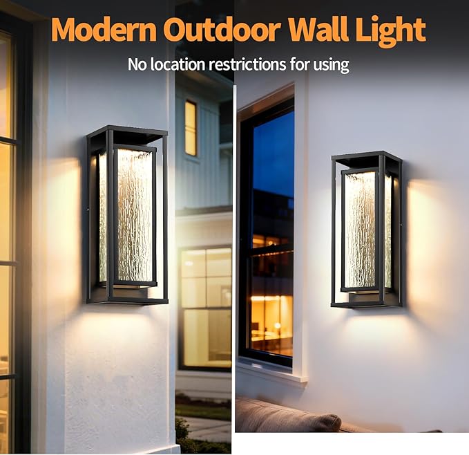 16'' LED Outdoor Wall Lights 2 Packs, 3000K Porch Lights Outdoor Sconce Lights with Water Ripple Glass, Modern Exterior Lighting Fixtures Outdoor Lantern, Outside Lights for House Garage Patio, Black