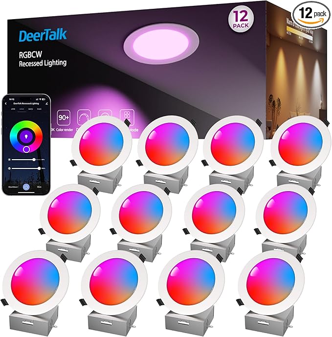 LED Recessed Lighting 6 Inch with App & Voice Control, 1200LM RGBCW Smart Ceiling Light Compatible with Alexa & Google, Dimmable Canless Recessed Light with Timer Music Sync, 12 Pack