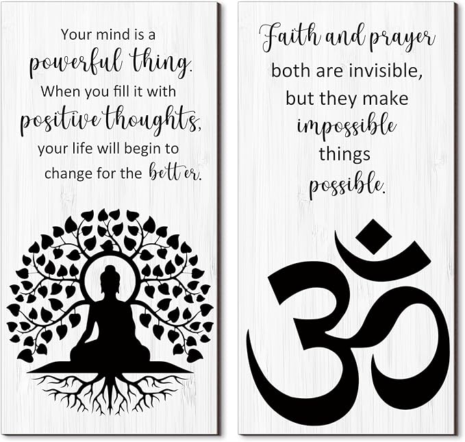Blulu 2 Pcs Buddha Quote Decor Buddha Inspirational Quote Wall Art Meditation Room Chakra Decor Zen Wooden Hanging, Spiritual Gift for Home Yoga Living Room Women(Motivation)