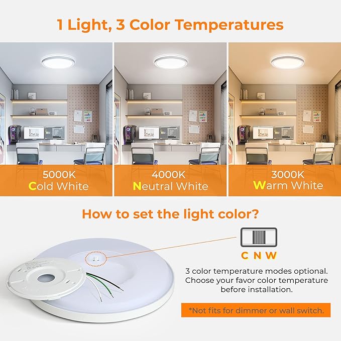BLNAN LED Flush Mount Ceiling Light, 12 Inch 24W 3000K 4000K 5000K Hardwire Light Fixture, Ultra Thin Round White Lamp for Kitchen Porch Bedroom Hallway Stairwell Basement, Non-dimmable 6 Pack