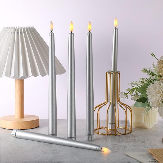 Macarrie 24 Packs Flameless Taper Candles Battery Operated Fake 11 Inch Long Candlelight LED Flameless Candlesticks Flickering Tapered for Spring Summer Wedding(Silver)