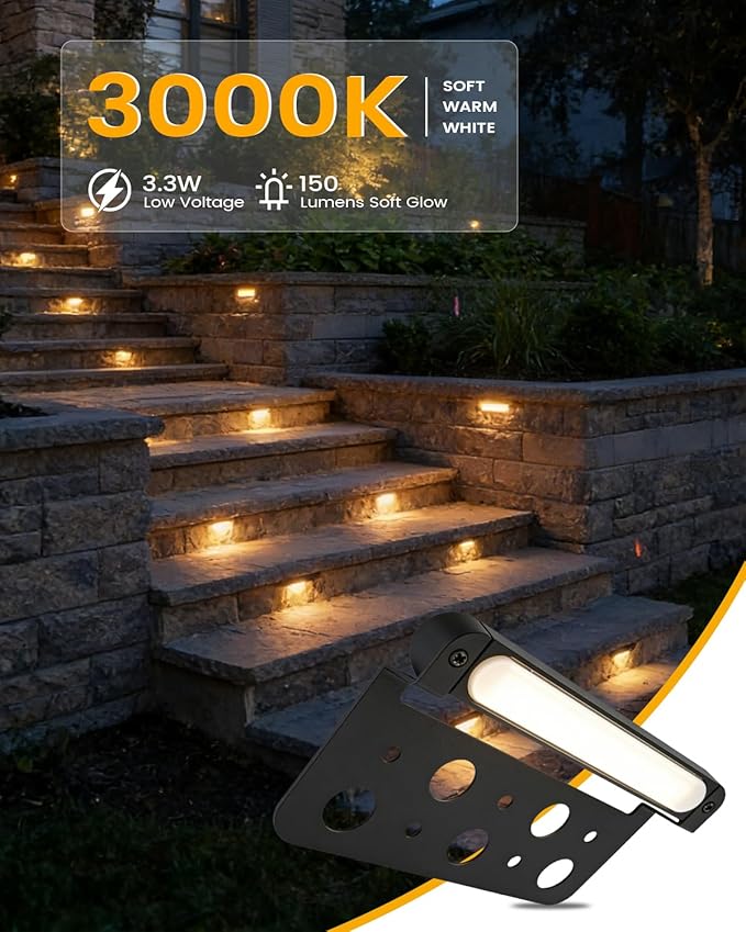 6-Pack Low Voltage LED Step Lights (5.51×3.11×0.93 in) - 3.3W Die-Cast Aluminum Stair Lighting with Patent Connector, Wet Location Safe Outdoor Steps