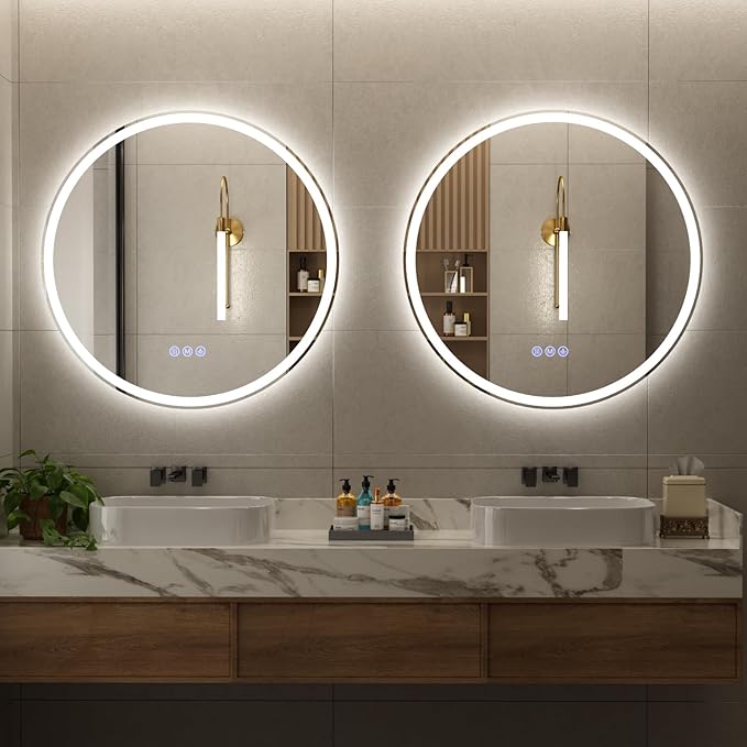 BEAUTYPEAK 28x28 LED Round Bathroom Mirror with Lights, Anti-Fog, Dimmable, Backlit + Front Lit, Lighted Bathroom Vanity Mirror for Wall, 3 Colors, Memory Function, Tempered Glass, Shatter-Proof
