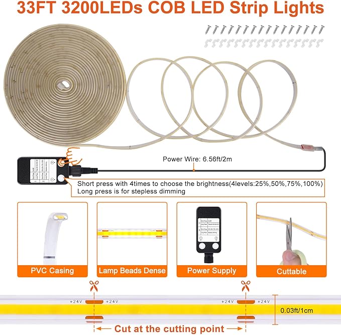 OMIKA 33FT Super Bright 3200LEDs COB LED Strip Lights Outdoor Waterproof, 6000K Cool White Plug in Rope Light Tape Light Flexible with Self-Adhesive Timer Dimmable for House Garden Camping DIY
