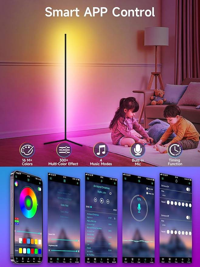 Floor Lamp, RGB LED Corner Lamp with Music Sync, Smart App and Remote Control Color Changing Ambience Light, 16 Million Colors Standing Lamp for Bedroom Living Room Gaming Room (2pcs)